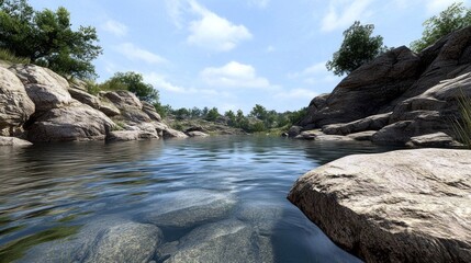 Calm River flowing through Rocky Landscape