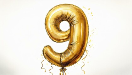 Gold birthday / anniversary party balloon, number 9, watercolor painting with white background