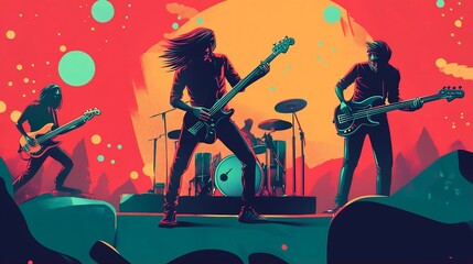 Energetic Rock Band Concert Illustration Vibrant Sunset