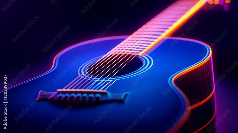 Poster neon-lit guitar close-up with glowing strings and vibrant colors, creating a striking and modern vis