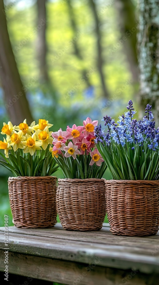 Poster three wicker baskets filled with vibrant spring flowers bask in the warm sunlight, surrounded by lus