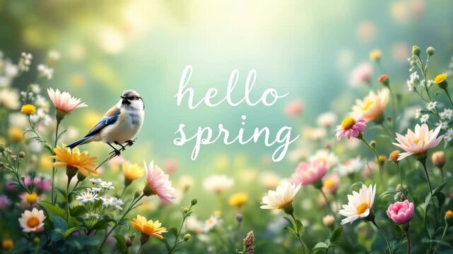Text hello spring on background with beautiful flowers and bird. spring season with plants, leaves and colorful flowers. Begin springtime. Floral spring concept. 