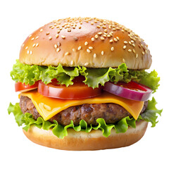 Juicy Cheeseburger Delicious Fast Food Meal Sesame Bun Lettuce Tomato Onion red eat beef menu cook  