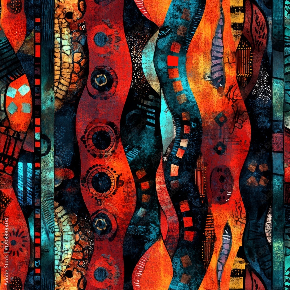 Poster a colorful abstract painting with various shapes and patterns