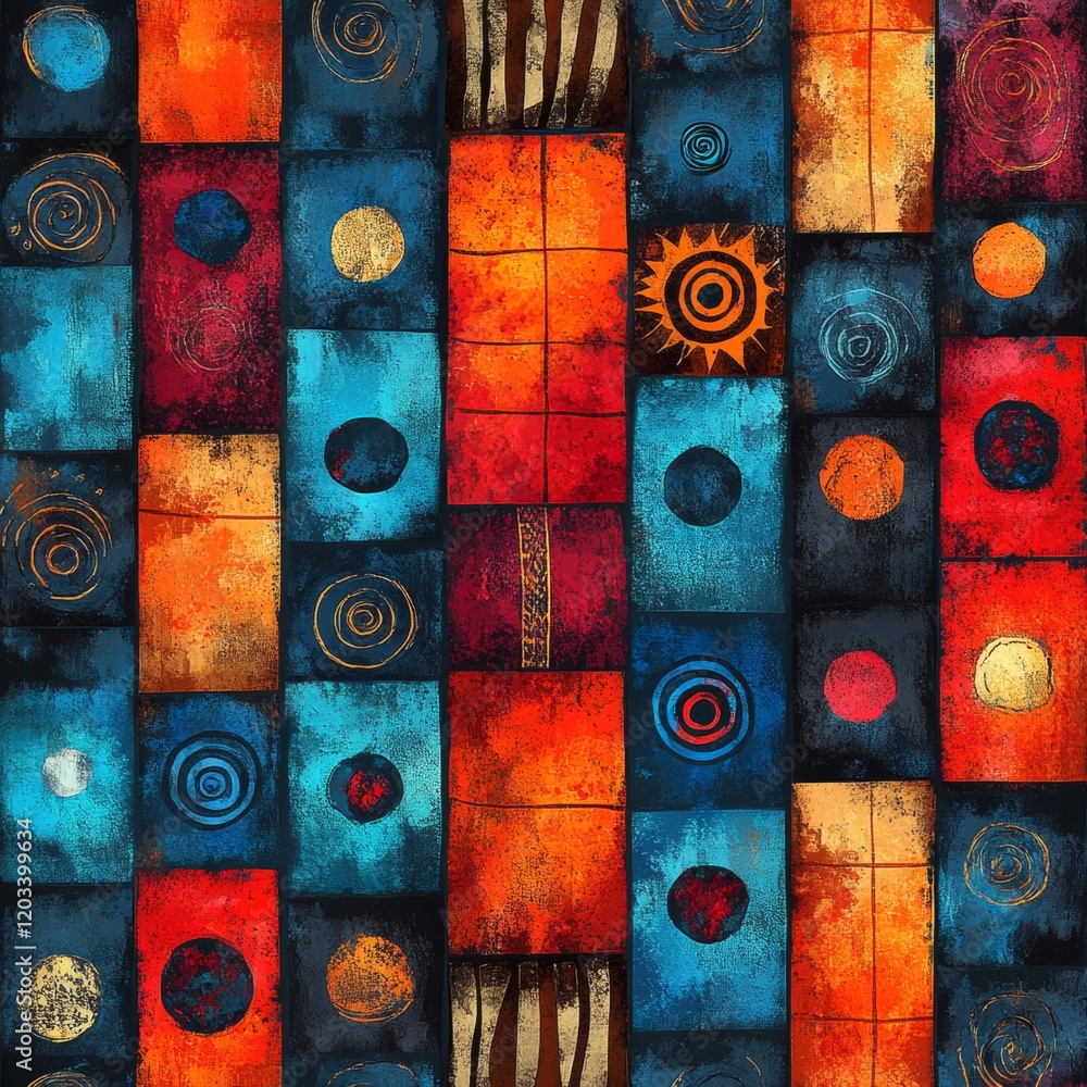 Poster a colorful abstract painting with various shapes and patterns