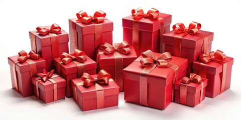 Overhead view: vibrant red gift boxes, perfectly isolated against a clean backdrop, celebrating the holidays.