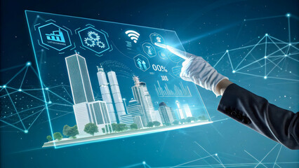 Futuristic scene with transparent screen and floating holographic images of digital city and dynamic graphs. Abstract lines of light and dark gradient background.