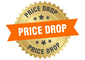 price drop. price drop round orange and gold label isolated on transparent background