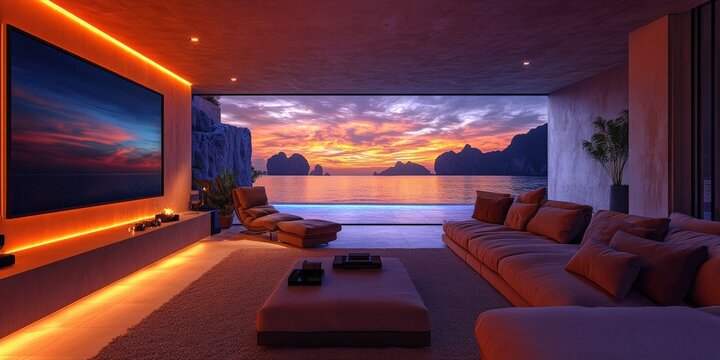 Modern home cinema experience with wall-mounted speakers and led lighting luxurious waterfront setting at sunset high-fidelity entertainment environment
