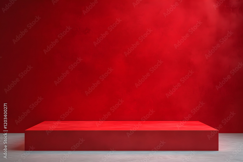 Poster empty red background and stand display or shelf with studio for showing or design christmas concept.