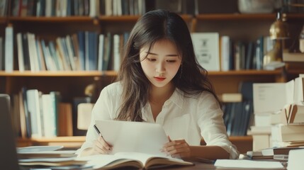 Busy smart young asian girl student marketing smm manager social media worker freelancer intern businesswoman working remote distant studding in office desk in coworking space. College education