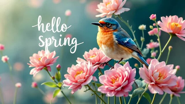 Text hello spring on background with beautiful flowers and bird. spring season with plants, leaves and colorful flowers. Begin springtime. Floral spring concept. 