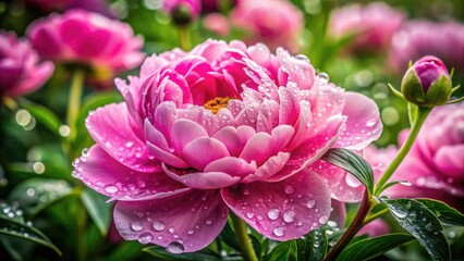Obraz premium Rain-kissed pink peonies bloom, vibrant spring garden flowers, glistening after the shower.