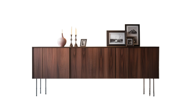 Modern wooden cabinet for decorative items isolated on transparent background.