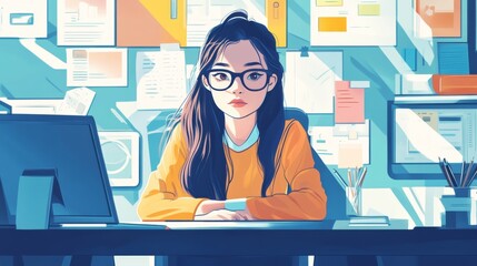 Busy smart young asian girl student marketing smm manager social media worker freelancer intern businesswoman working remote distant studding in office desk in coworking space. College education