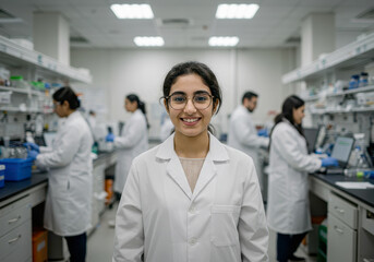 Fototapeta premium A cheerful female scientist wearing a lab coat and glasses, standing confidently in a bright, modern laboratory