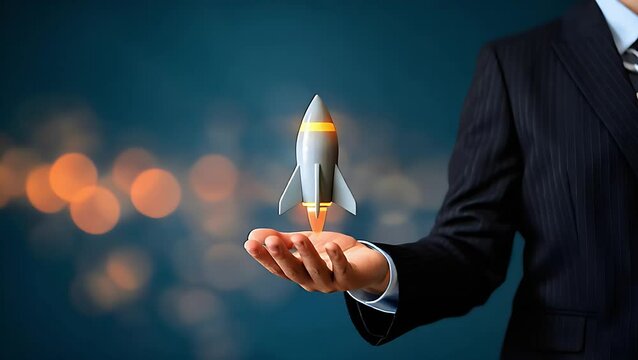 Businessmen launching rocket, symbolizing growth, investment, and achieving corporate goals. value  