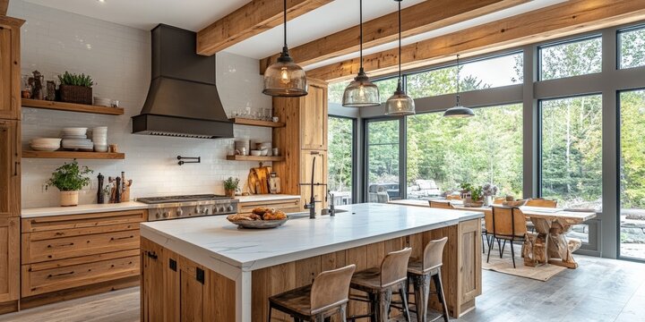 Modern rustic kitchen design featuring a cozy breakfast nook sunny environment high fidelity imagery open concept living space