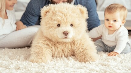 Fototapeta premium Fluffy Puppy with Happy Family on Soft Rug