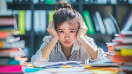 Busy smart young asian girl student marketing smm manager social media worker freelancer intern businesswoman working remote distant studding in office desk in coworking space. College education