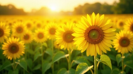 Golden Hour Sunflowers in a Vibrant Field, Basking in Warm Sunlight, a Serene and Picturesque Summer Scene