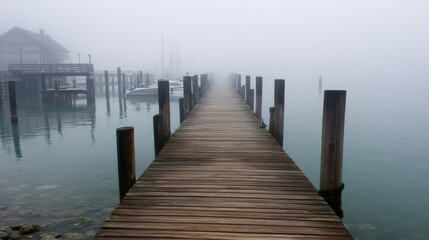 Fototapeta premium Foggy Morning Pier Extending to the Horizon