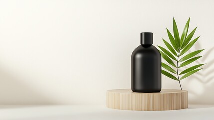 Minimalistic black bottle on a wooden stand with a green leaf against a neutral background, showcasing simplicity and elegance.