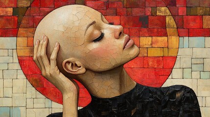 Thoughtful depiction of alopecia featuring a person gently touching their bald head symbolizing strength and selfacceptance while surrounded by warm inviting colors