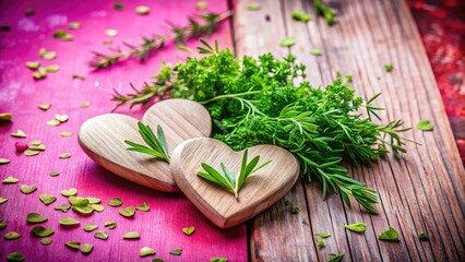 Rustic wooden hearts, fragrant herbs, blush pink backdrop, whisper sweet Valentine's wishes.