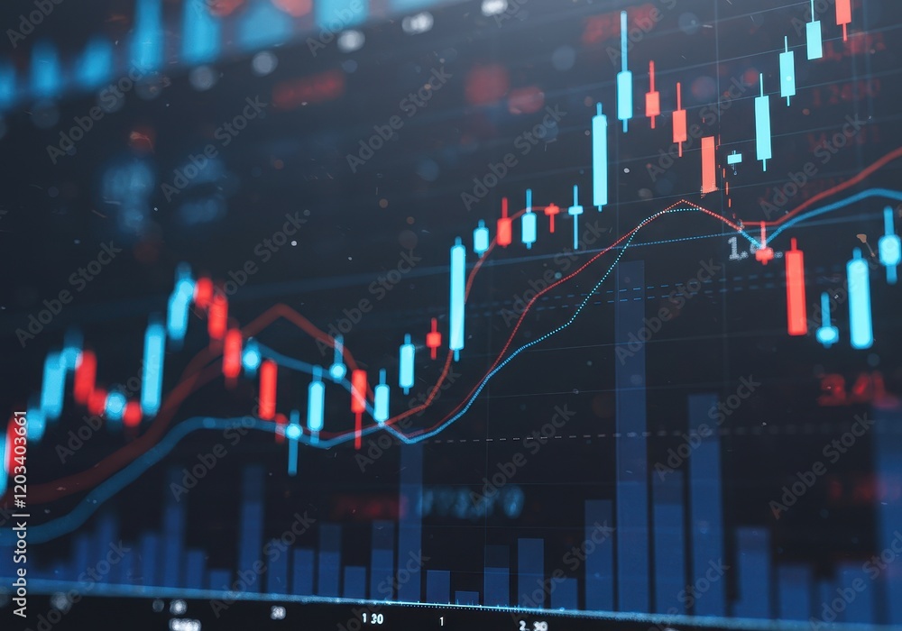Poster a dynamic and vibrant financial data visualization featuring glowing blue and red candlestick charts