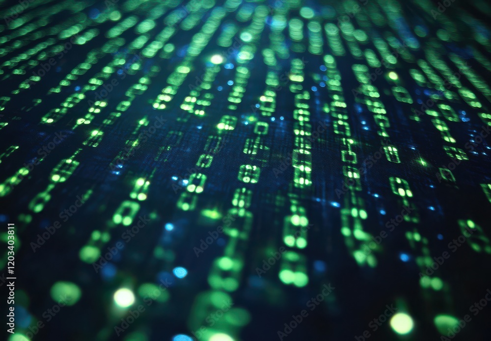 Poster abstract digital matrix with green and blue glowing data streams on dark background, representing in