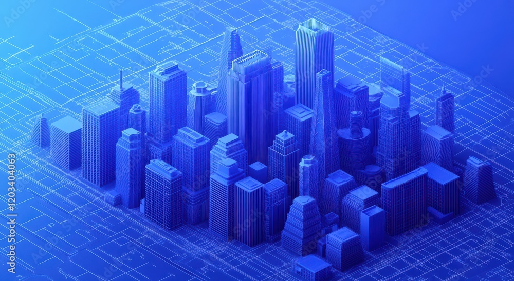 Poster aerial view of a futuristic cityscape with 3d rendered buildings and blueprint design in vibrant blu