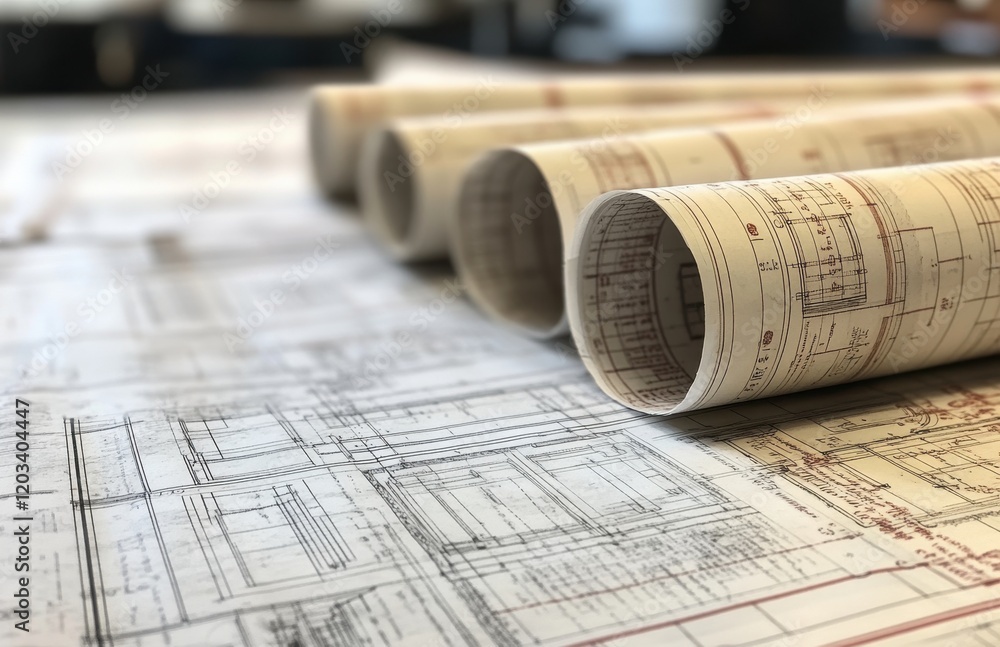 Poster architectural blueprints and drafts displayed on a table, featuring detailed technical plans and sch