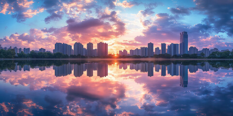City Skyline with Skyscrapers and Sunset Reflection on Water