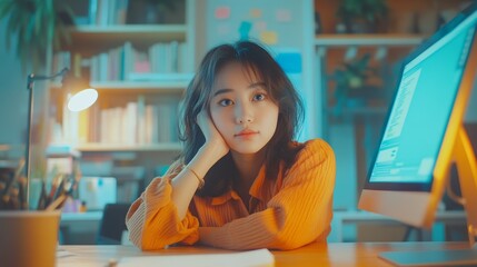 Busy smart young asian girl student marketing smm manager social media worker freelancer intern businesswoman working remote distant studding in office desk in coworking space. College education