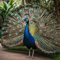 Obraz premium A peacock showing off its vibrant tail feathers in a tropical garden.