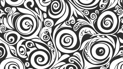 A black and white patterned background with a white flower