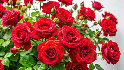 Stunning red roses burst with vibrant color in this high-resolution image, set against a crisp white background.