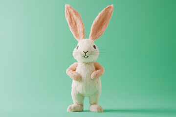 Cute and Fluffy Rabbit Toy with Long Ears Standing Against a Bright Green Background Ideal for Children's Decor and Playtime Activities