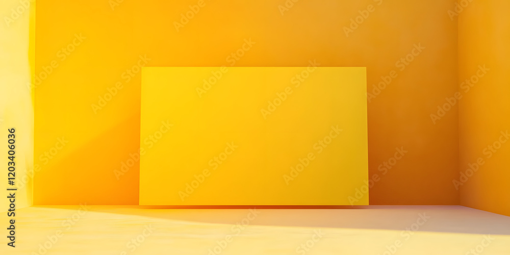 Poster blank yellow display on vivid summer background with minimal style. blank stand for showing product.