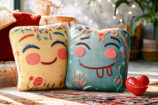 Goofy colourful cute embroidered lovestruck cushions loveable characters in alternative valentine romantic love story, red heart, comfortable home interior