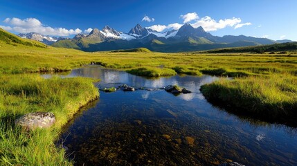 Fototapeta premium Mountain lake reflection, sunny alpine meadow, tranquil nature scene, travel poster