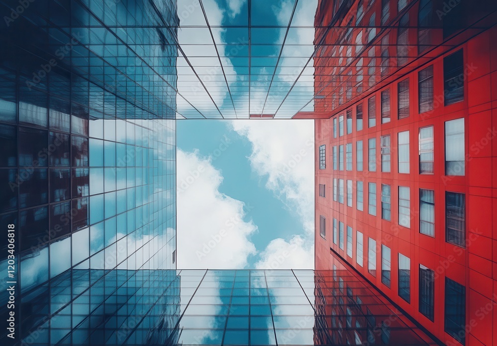 Poster captivating urban architecture from below, showcasing modern glass structures and a vibrant red buil
