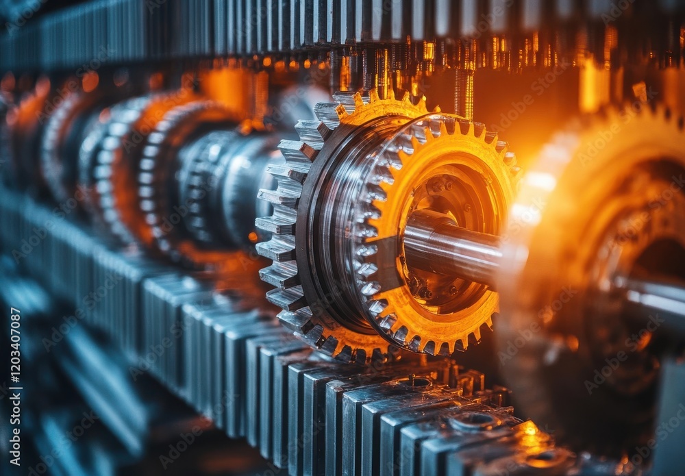 Poster close-up of interlocking gears in a high-tech machinery system with warm glowing light illustrating 