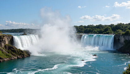 Fototapeta premium Majestic waterfall with cascading water and mist in bright sunny landscape