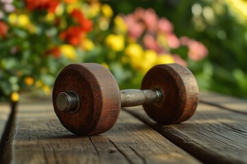 A small hand weight resting on a wooden porch with blooming flowers in the background.
