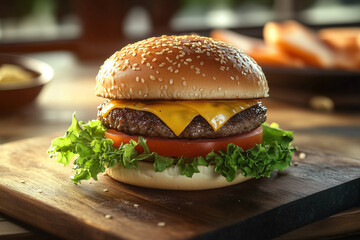 Hamburger with cheese, tomato, and homemade.