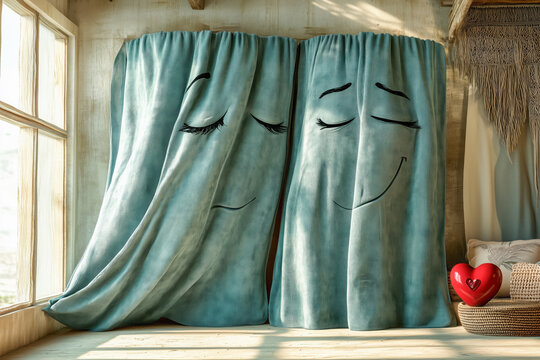 Whacky aesthetic quirky alternative valentine background, velvet curtains in love, living room, red heart, romance