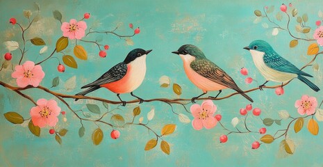 A painting of three birds on a branch with pink flowers in the background