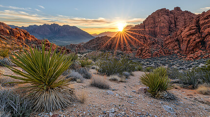 Desert sunset, sun rays, red rock canyon, plants, travel poster